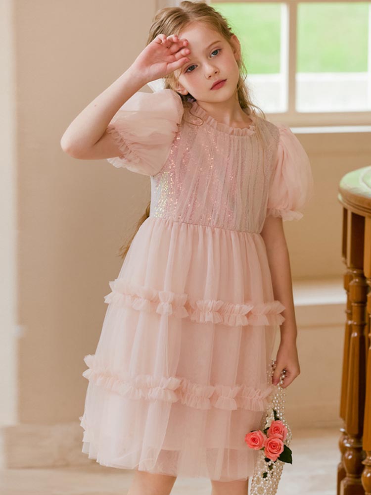 Pink Short Sleeve Romantic Fluffy Tulle Princess Dress