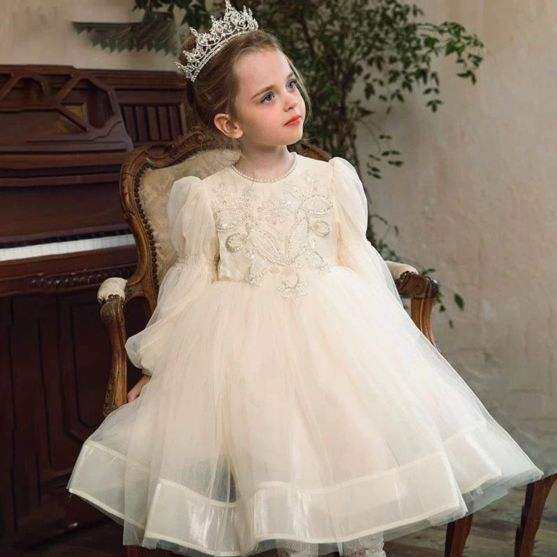 Princess Round Tea Length Tulle Flower Girl Dress in Ivory Mia Princess