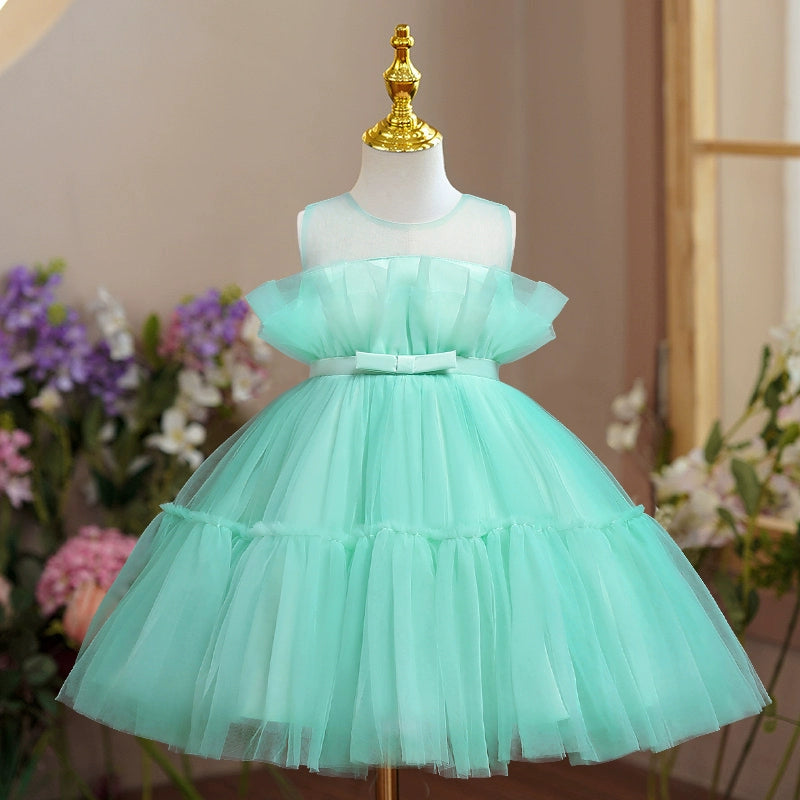 Princess Round Tea Length Tulle Flower Girl Dress in Mint Green