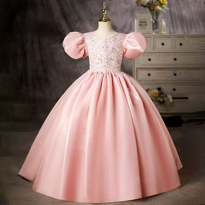 Princess Pink Satin Crossed Straps Baptism Beaded Floor Length Short Sleeve Puff Sleeve Scoop Flower Girl Dress