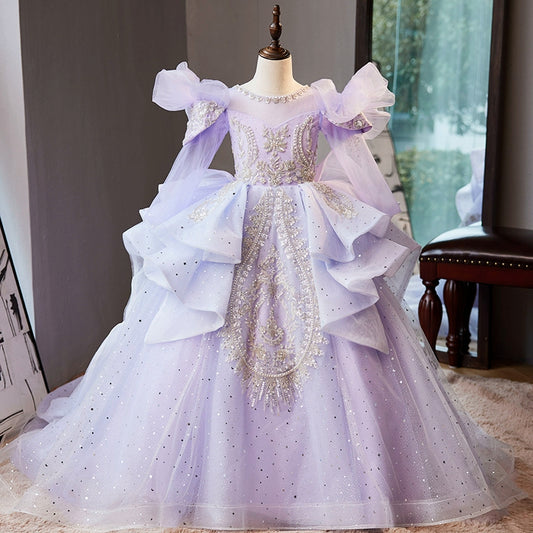 Princess Lilac Tulle Crossed Straps Baptism Beaded Floor Length 1/2 Sleeve Cap Sleeve Round Flower Girl Dress