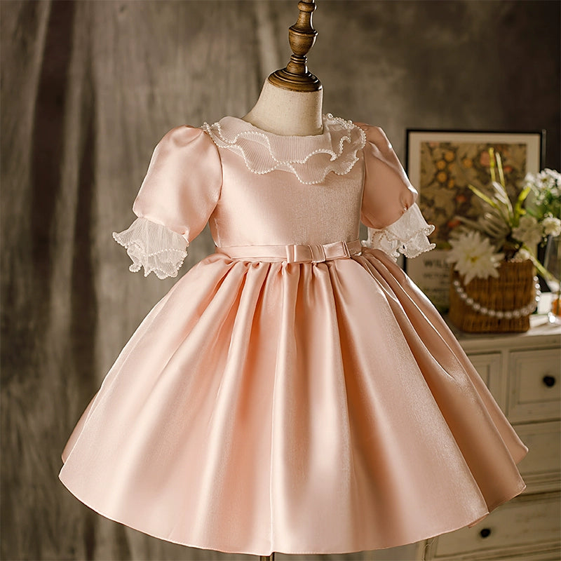 Princess Pink Satin Back Zip Baptism Lace Tea Length 1/2 Sleeve Puff Sleeve Round Flower Girl Dress