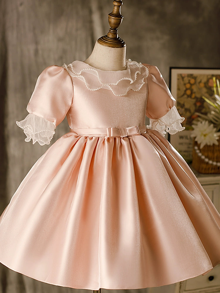 Princess Pink Satin Back Zip Baptism Lace Tea Length 1/2 Sleeve Puff Sleeve Round Flower Girl Dress