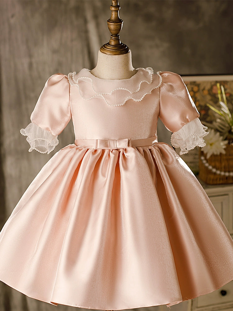 Princess Pink Satin Back Zip Baptism Lace Tea Length 1/2 Sleeve Puff Sleeve Round Flower Girl Dress