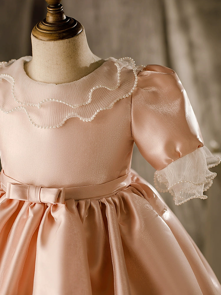 Princess Pink Satin Back Zip Baptism Lace Tea Length 1/2 Sleeve Puff Sleeve Round Flower Girl Dress