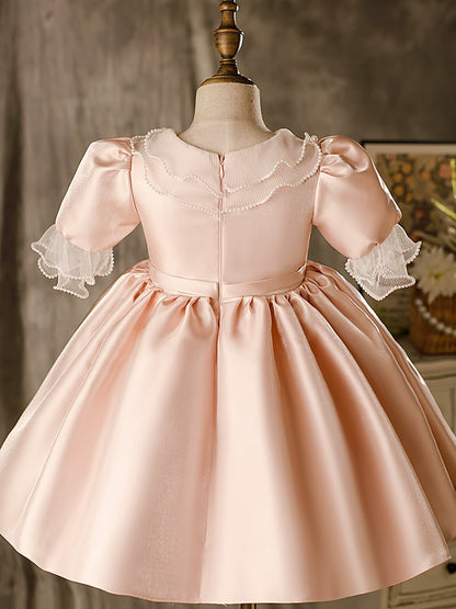 Princess Pink Satin Back Zip Baptism Lace Tea Length 1/2 Sleeve Puff Sleeve Round Flower Girl Dress