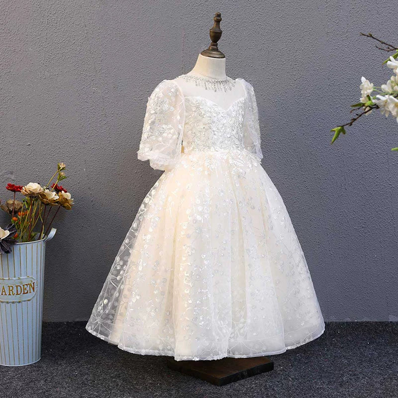 Princess White Tulle Back Zip Baptism Sequins Floor Length 1/2 Sleeve Puff Sleeve Sweetheart Flower Girl Dress