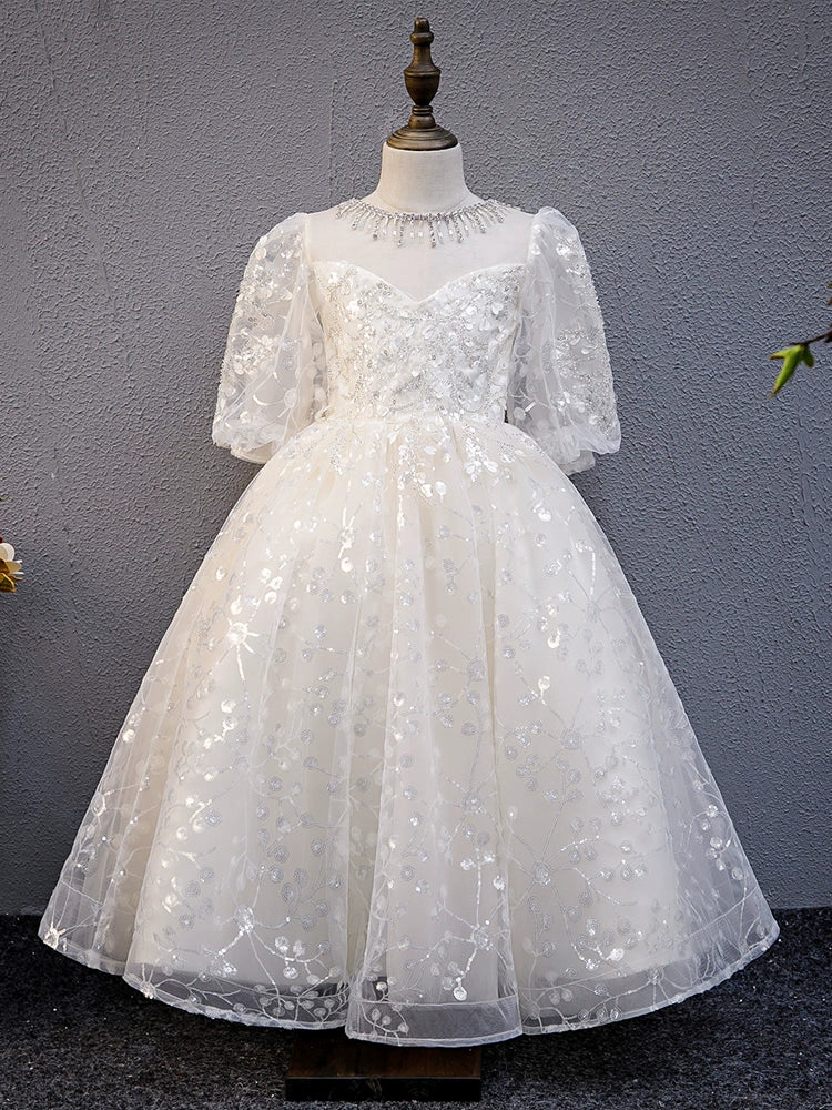 Princess White Tulle Back Zip Baptism Sequins Floor Length 1/2 Sleeve Puff Sleeve Sweetheart Flower Girl Dress