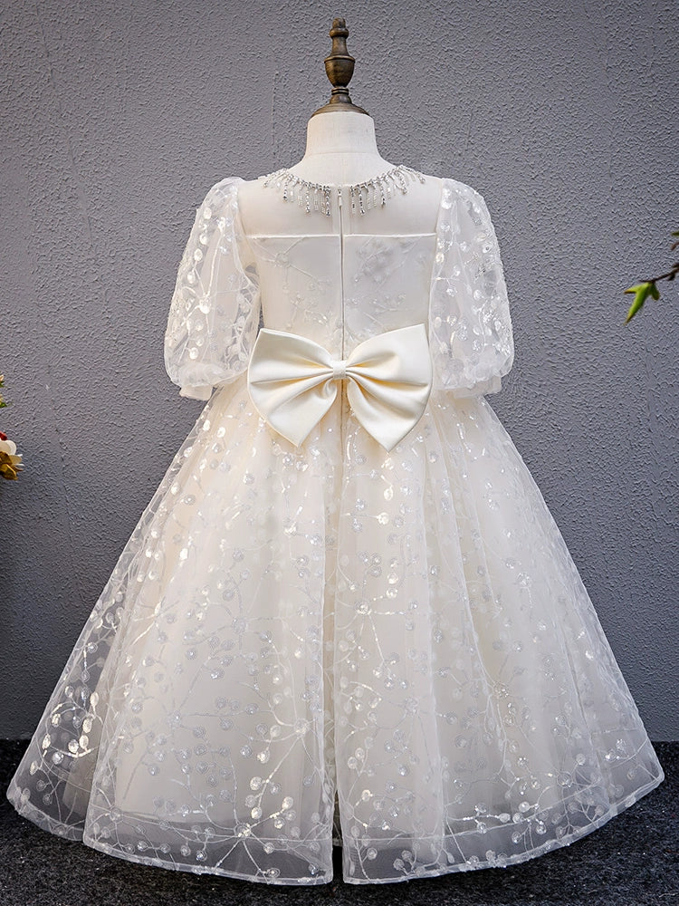 Princess White Tulle Back Zip Baptism Sequins Floor Length 1/2 Sleeve Puff Sleeve Sweetheart Flower Girl Dress