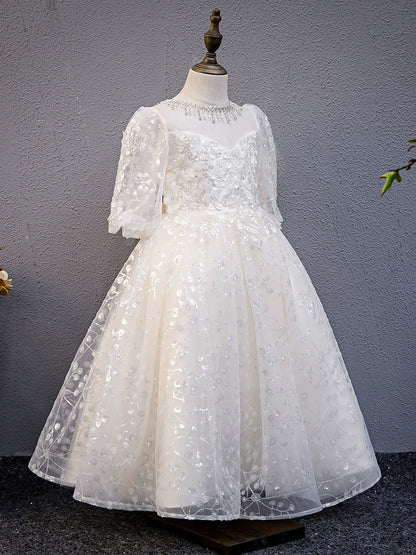 Princess White Tulle Back Zip Baptism Sequins Floor Length 1/2 Sleeve Puff Sleeve Sweetheart Flower Girl Dress