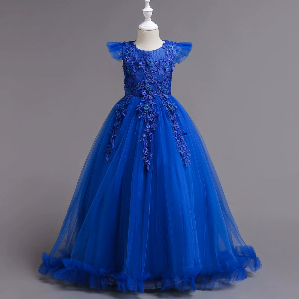 A-line Blue Lace Back Zip Baptism Lace Floor Length Short Sleeve Cap Sleeve Round Flower Girl Dress