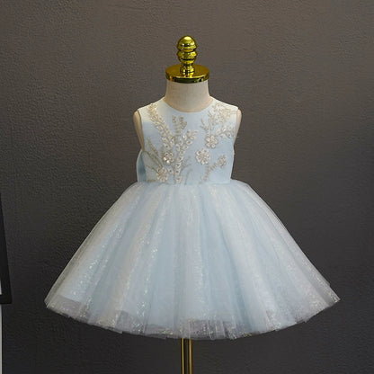 A-line Blue Tulle Back Zip Baptism Flower(s) Tea Length Sleeveless Round Flower Girl Dress