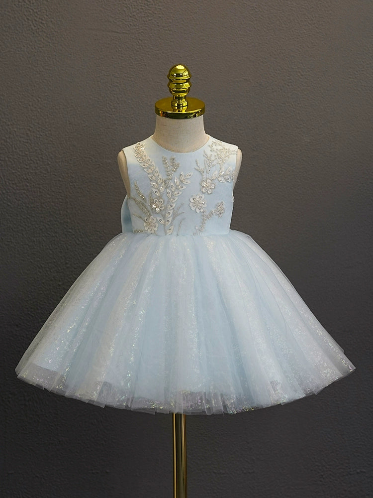 A-line Blue Tulle Back Zip Baptism Flower(s) Tea Length Sleeveless Round Flower Girl Dress