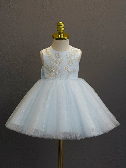 A-line Blue Tulle Back Zip Baptism Flower(s) Tea Length Sleeveless Round Flower Girl Dress