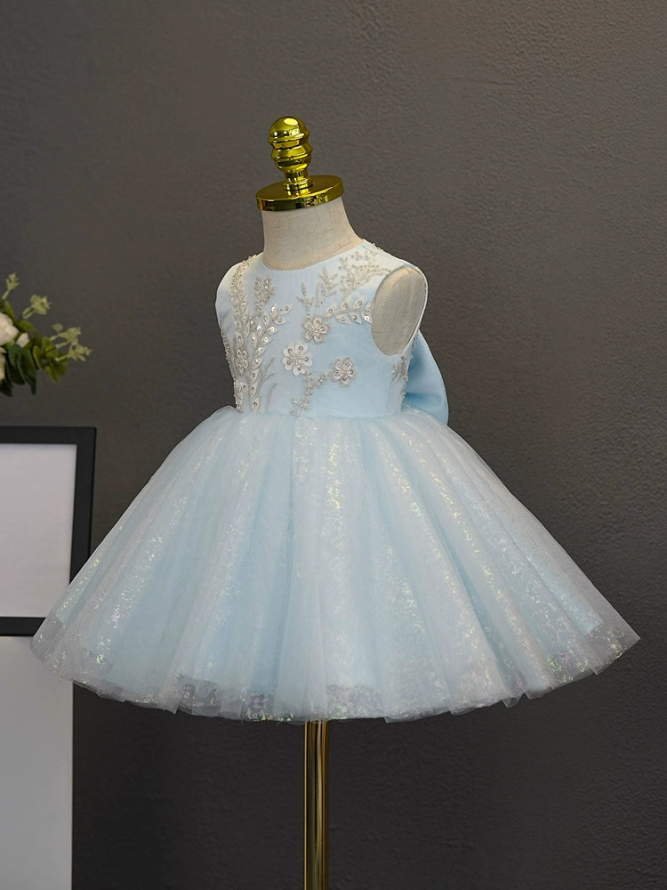 A-line Blue Tulle Back Zip Baptism Flower(s) Tea Length Sleeveless Round Flower Girl Dress