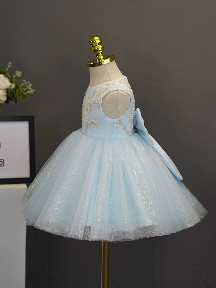 A-line Blue Tulle Back Zip Baptism Flower(s) Tea Length Sleeveless Round Flower Girl Dress