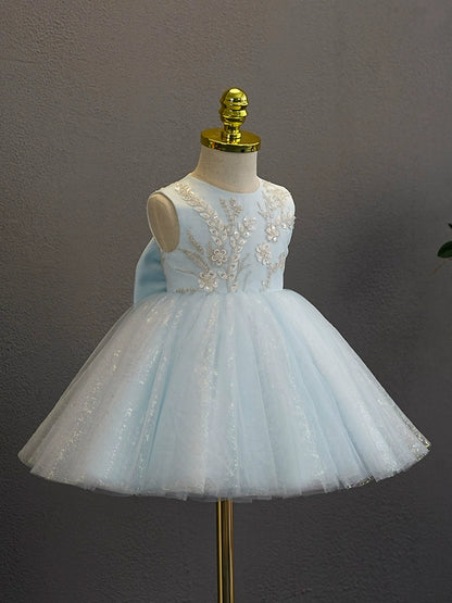 A-line Blue Tulle Back Zip Baptism Flower(s) Tea Length Sleeveless Round Flower Girl Dress