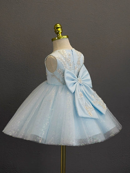 A-line Blue Tulle Back Zip Baptism Flower(s) Tea Length Sleeveless Round Flower Girl Dress