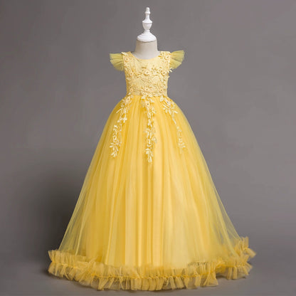 A-line Yellow Lace Back Zip Baptism Lace Floor Length Short Sleeve Cap Sleeve Round Flower Girl Dress