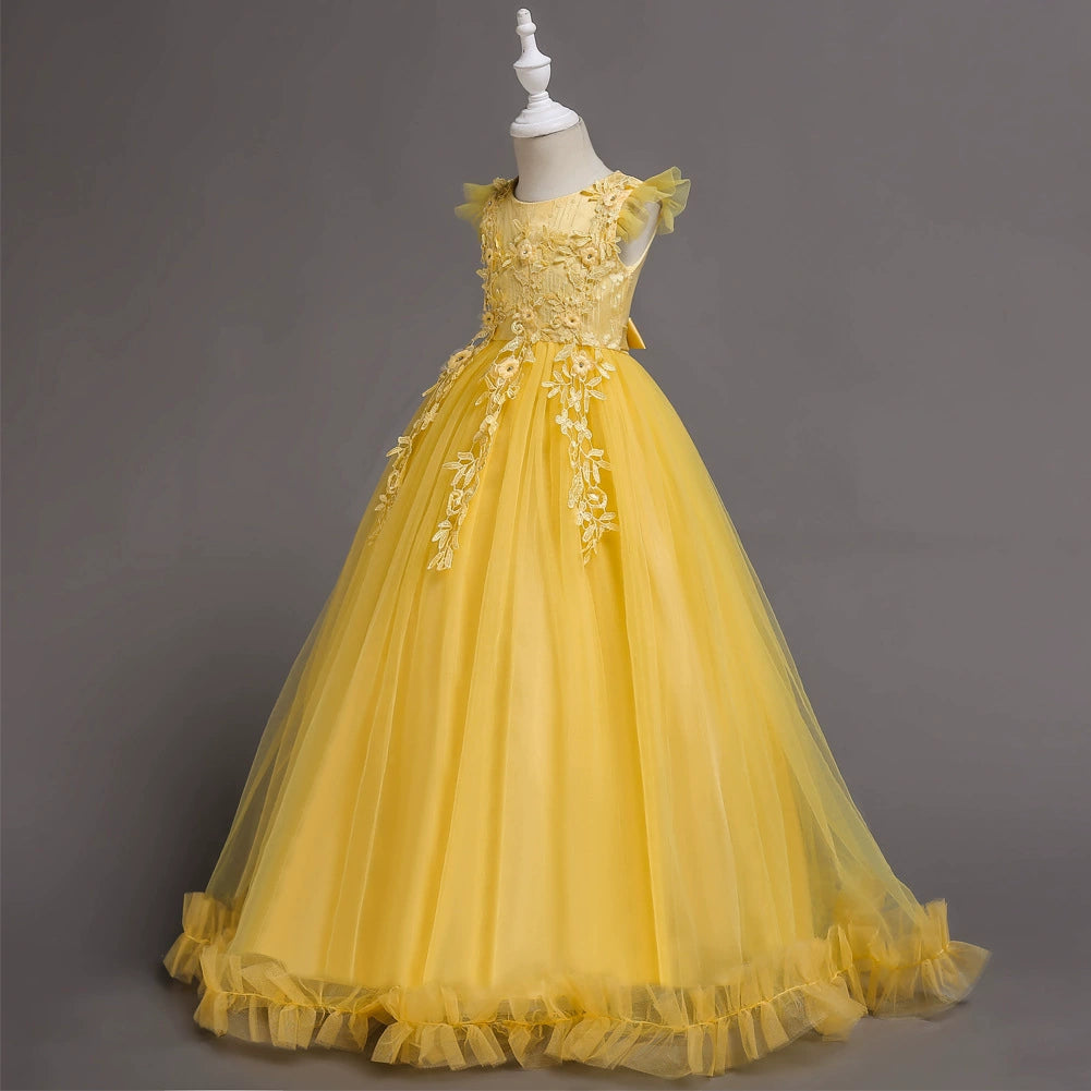 A-line Yellow Lace Back Zip Baptism Lace Floor Length Short Sleeve Cap Sleeve Round Flower Girl Dress