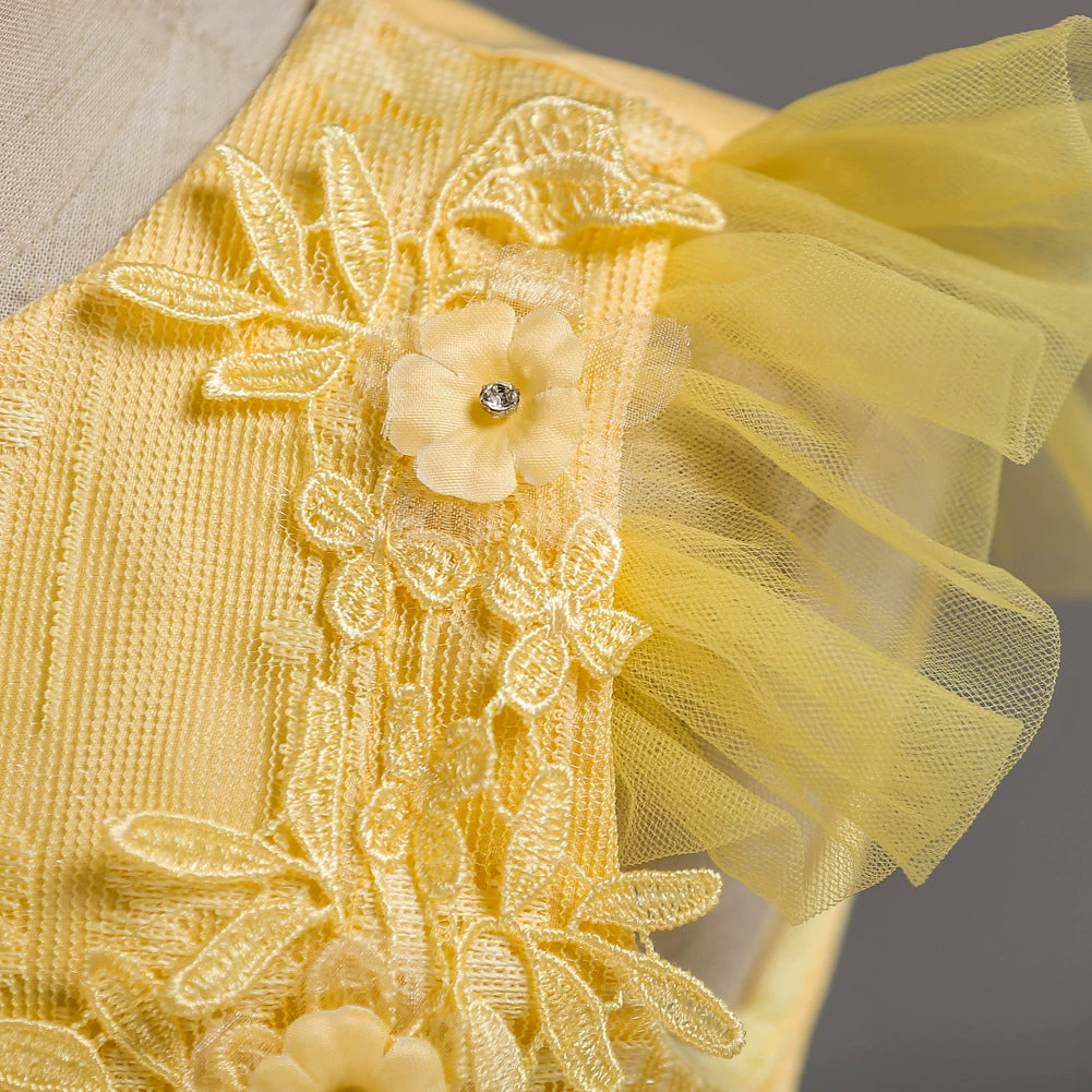 A-line Yellow Lace Back Zip Baptism Lace Floor Length Short Sleeve Cap Sleeve Round Flower Girl Dress