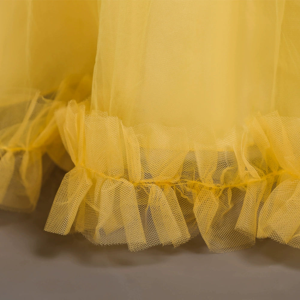 A-line Yellow Lace Back Zip Baptism Lace Floor Length Short Sleeve Cap Sleeve Round Flower Girl Dress