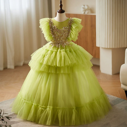 Green Tulle Crossed Straps Baptism Lace Floor Length Short Sleeve Cap Sleeve Round Flower Girl Dress