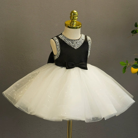 Princess Black Satin Back Zip Baptism Cascading Ruffles Tea Length Sleeveless Ruffle Sleeve Round Flower Girl Dress