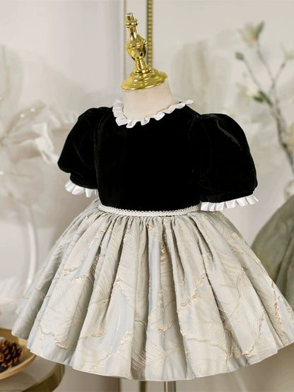 Princess Black Satin Back Zip Baptism Lace Short Sleeve Puff Sleeve Round Flower Girl Dress