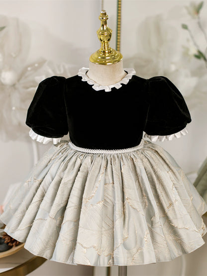 Princess Black Satin Back Zip Baptism Lace Short Sleeve Puff Sleeve Round Flower Girl Dress