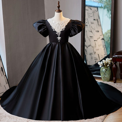 Princess Black Satin Crossed Straps Baptism Lace Floor Length Short Sleeve Cap Sleeve Round Flower Girl Dress