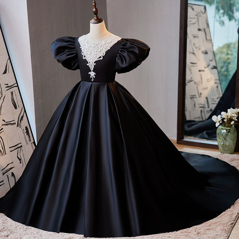 Princess Black Satin Crossed Straps Baptism Lace Floor Length Short Sleeve Cap Sleeve Round Flower Girl Dress