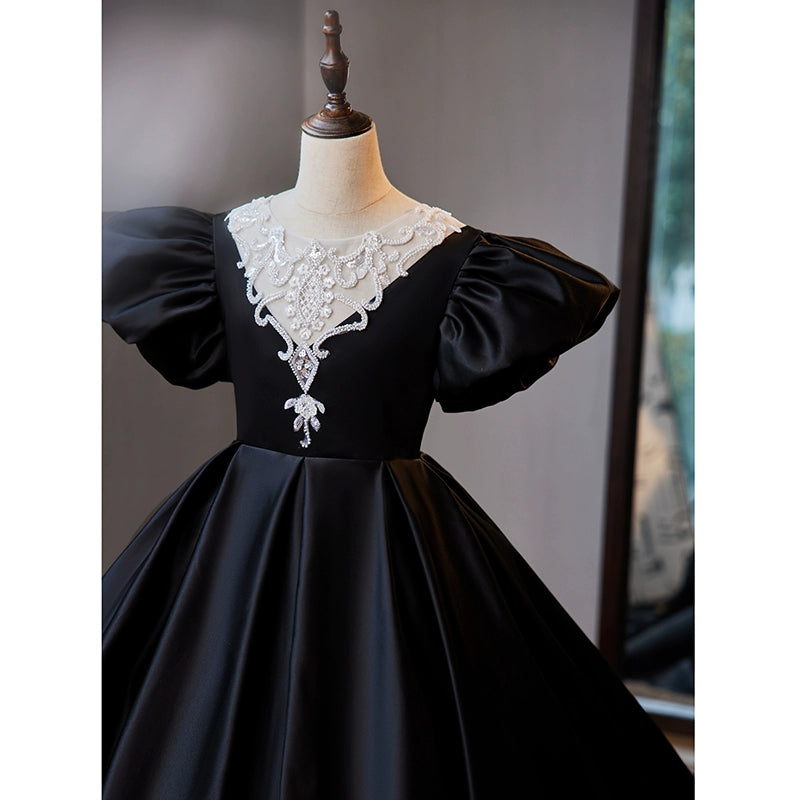 Princess Black Satin Crossed Straps Baptism Lace Floor Length Short Sleeve Cap Sleeve Round Flower Girl Dress