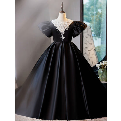 Princess Black Satin Crossed Straps Baptism Lace Floor Length Short Sleeve Cap Sleeve Round Flower Girl Dress