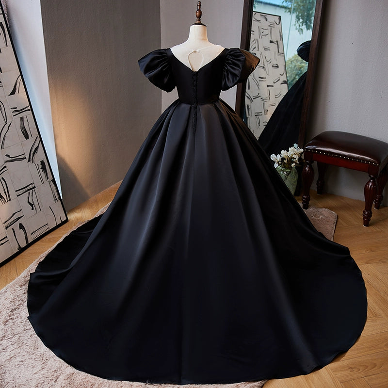 Princess Black Satin Crossed Straps Baptism Lace Floor Length Short Sleeve Cap Sleeve Round Flower Girl Dress