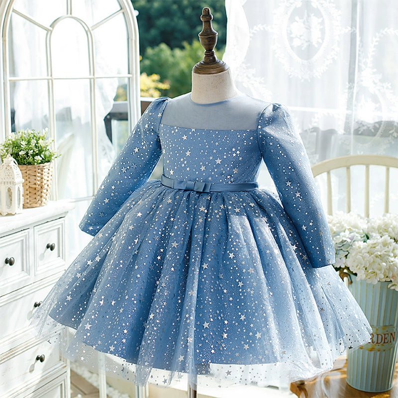 Princess Blue Organza Back Zip Baptism Sequins Tea Length Long Sleeve Round Flower Girl Dress