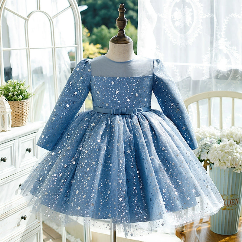 Princess Blue Organza Back Zip Baptism Sequins Tea Length Long Sleeve Round Flower Girl Dress