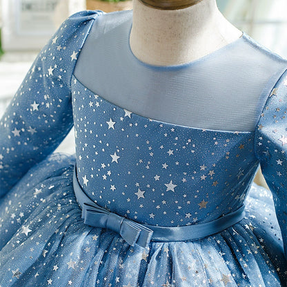 Princess Blue Organza Back Zip Baptism Sequins Tea Length Long Sleeve Round Flower Girl Dress