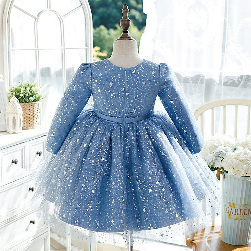 Princess Blue Organza Back Zip Baptism Sequins Tea Length Long Sleeve Round Flower Girl Dress