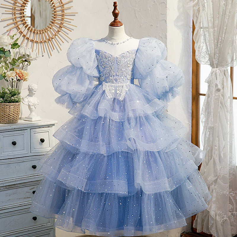 Princess Blue Organza Crossed Straps Baptism Lace Floor Length Long Sleeve Puff Sleeve Round Flower Girl Dress