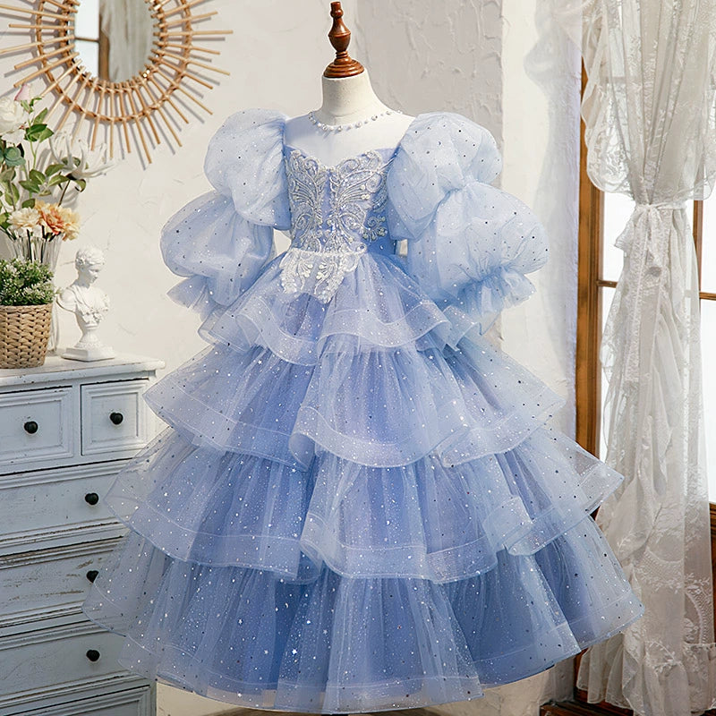 Princess Blue Organza Crossed Straps Baptism Lace Floor Length Long Sleeve Puff Sleeve Round Flower Girl Dress