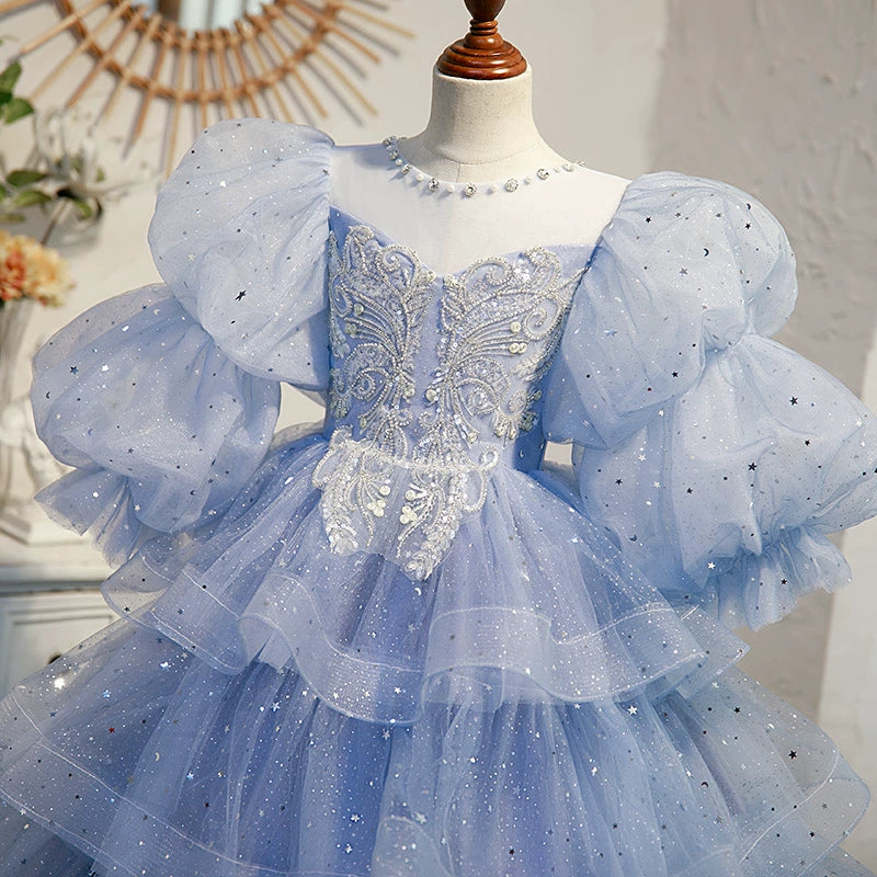 Princess Blue Organza Crossed Straps Baptism Lace Floor Length Long Sleeve Puff Sleeve Round Flower Girl Dress