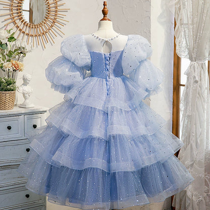 Princess Blue Organza Crossed Straps Baptism Lace Floor Length Long Sleeve Puff Sleeve Round Flower Girl Dress