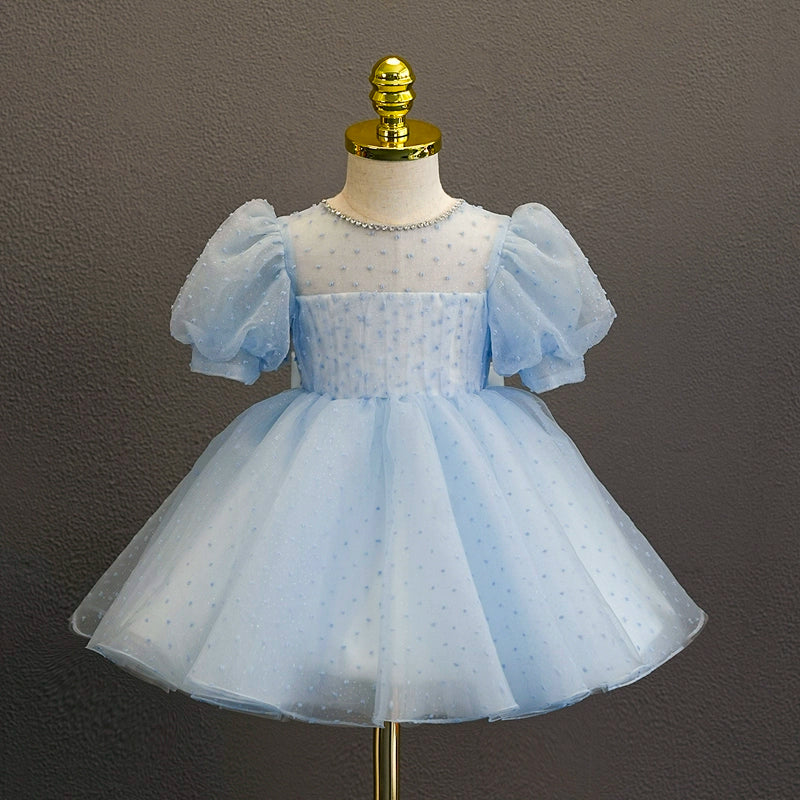 Princess Blue Tulle Back Zip Baptism Cascading Ruffles Tea Length Short Sleeve Puff Sleeve Round Flower Girl Dress