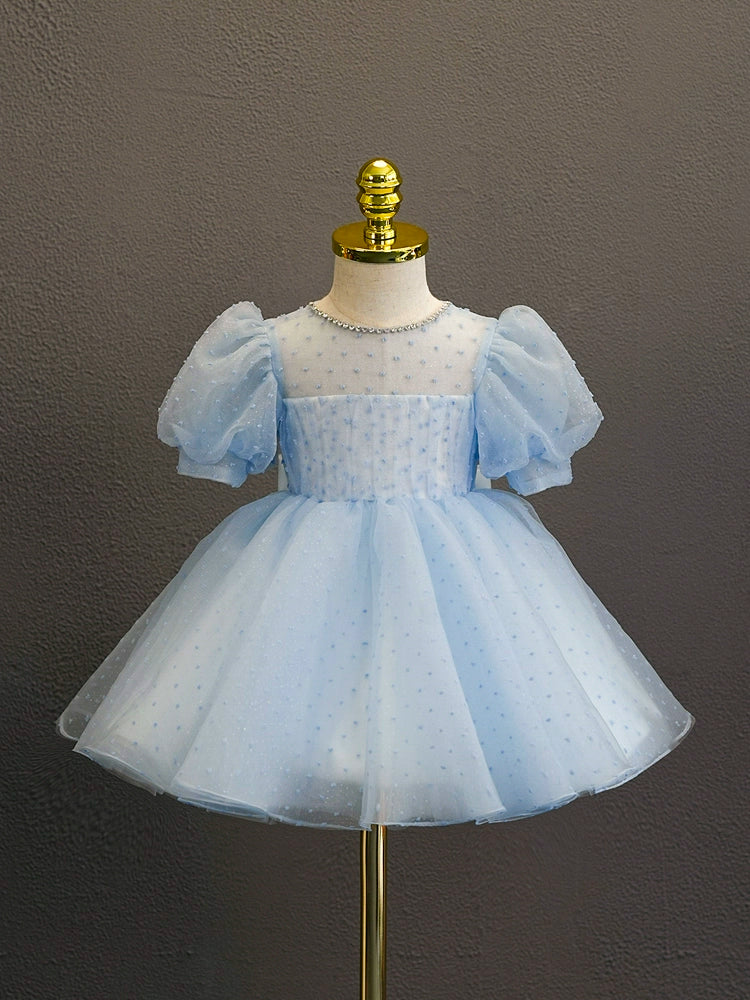 Princess Blue Tulle Back Zip Baptism Cascading Ruffles Tea Length Short Sleeve Puff Sleeve Round Flower Girl Dress