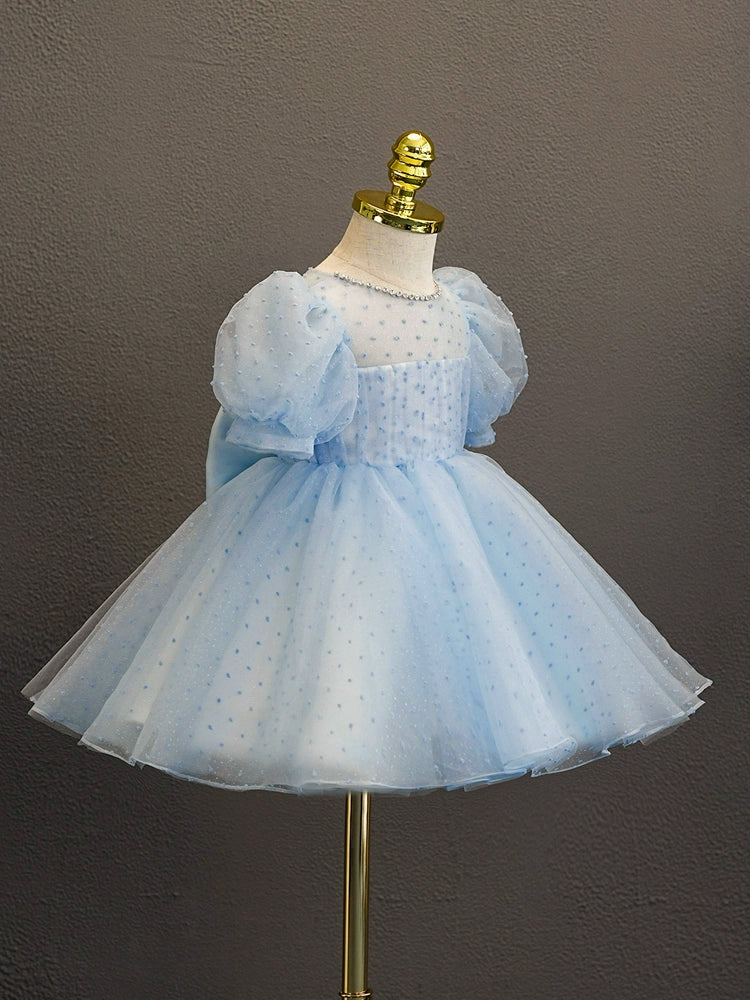 Princess Blue Tulle Back Zip Baptism Cascading Ruffles Tea Length Short Sleeve Puff Sleeve Round Flower Girl Dress