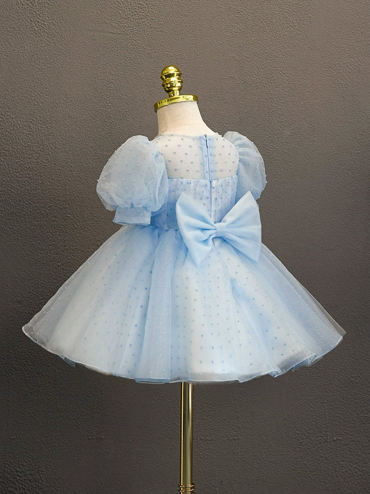 Princess Blue Tulle Back Zip Baptism Cascading Ruffles Tea Length Short Sleeve Puff Sleeve Round Flower Girl Dress