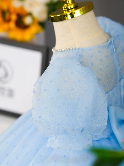 Princess Blue Tulle Back Zip Baptism Cascading Ruffles Tea Length Short Sleeve Puff Sleeve Round Flower Girl Dress