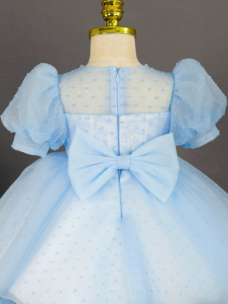 Princess Blue Tulle Back Zip Baptism Cascading Ruffles Tea Length Short Sleeve Puff Sleeve Round Flower Girl Dress