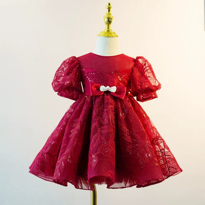 Princess Burgundy Lace Back Zip Baptism Lace Tea Length Short Sleeve Puff Sleeve Round Flower Girl Dress